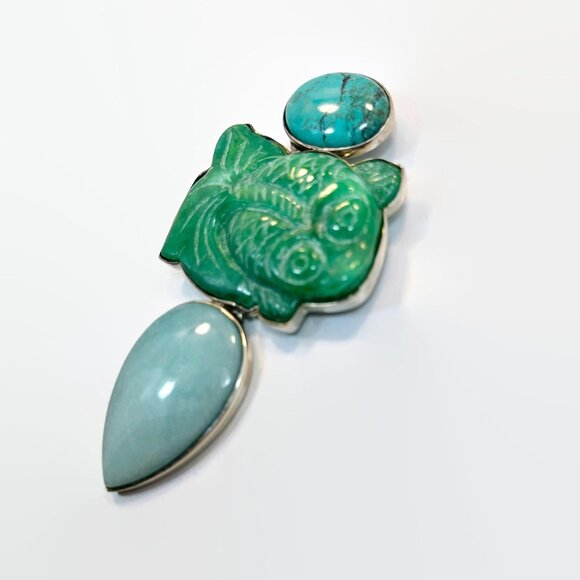 Amy Kahn Russel Pendant: Jade Turquoise Chrysoprase Vintage Carved Stone 5" Long - Picture 3 of 5